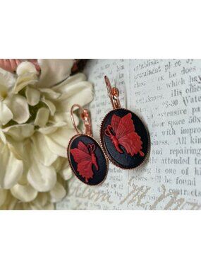 Rose Gold Black Red Butterfly Wire Earrings Wedding Birthday Anniversary Cameo